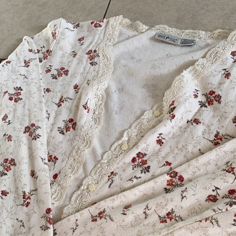 Cottagecore Fairycore Lace trim floral cardigan sweater